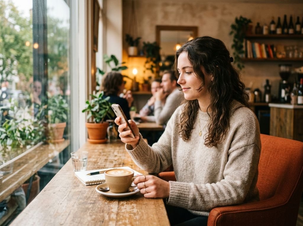 A woman sitting in a sunlit ca - He Says He's 'Not Ready' but Texts Every Day: How to Respond for Real Results
