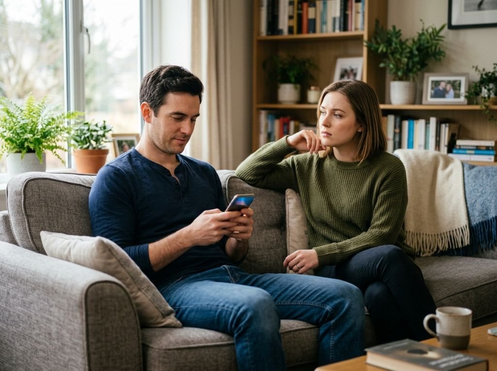 A man sitting on a sofa lookin - The Real Reason He Still Follows His Ex on Social Media (And When to Worry)