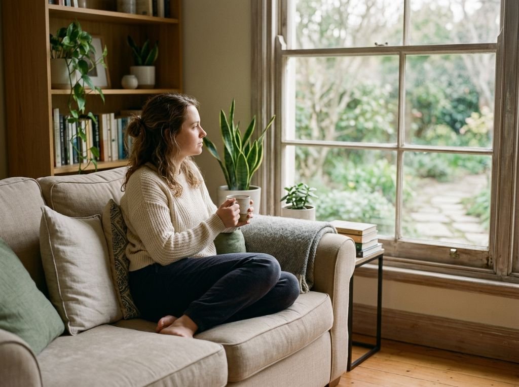 A woman sitting calmly on a so - What It Means When a Man Goes Quiet After an Argument (And How to Handle the Silence)