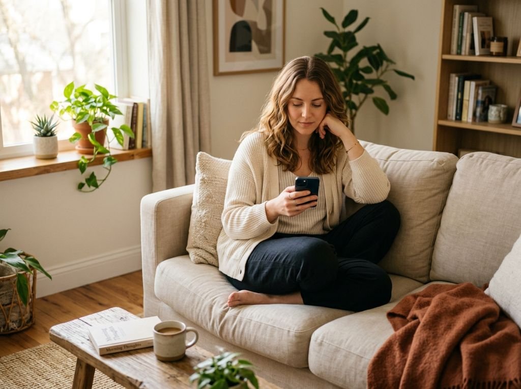 A woman sitting on a beige sof - What It Means When a Guy Stops Initiating Plans But Still Replies Fast (And How to Hand