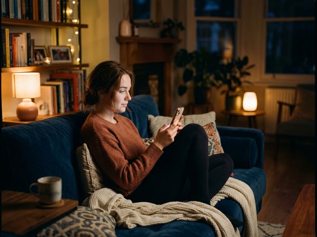 A woman sitting on a comfortab - What It Means When a Man Only Texts at Night: Is It a Fling or a Habit?