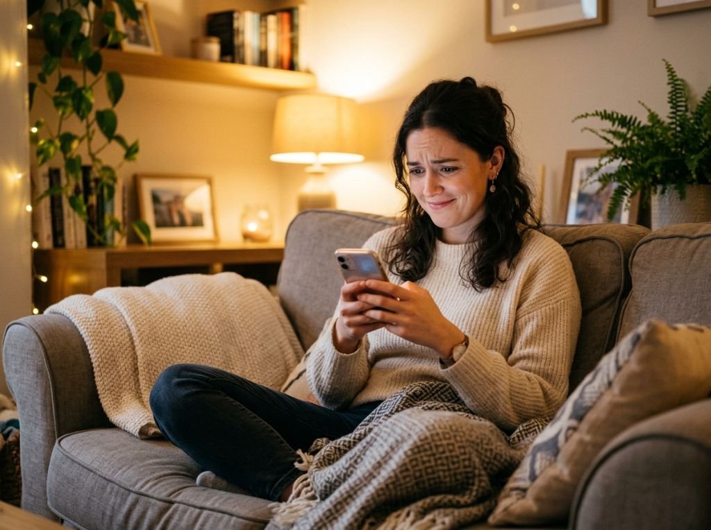 A woman sitting on a cozy sofa - What It Means When a Man Sends Memes Instead of Texting — Decoding Low-Effort Digital C