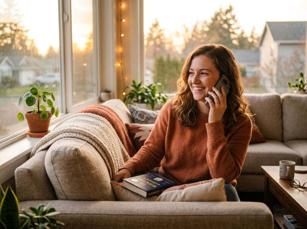 A woman sitting on a cozy sofa - What It Means When He Calls You Instead Of Texting: 7 Reasons He’s Reaching Out