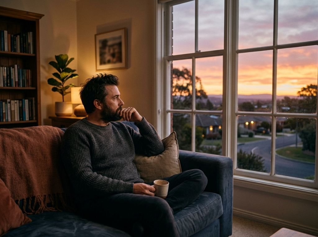 A man sitting alone on a sofa - Why He Acts Distant After a Trip Together: The Psychology of the Intimacy Rebound