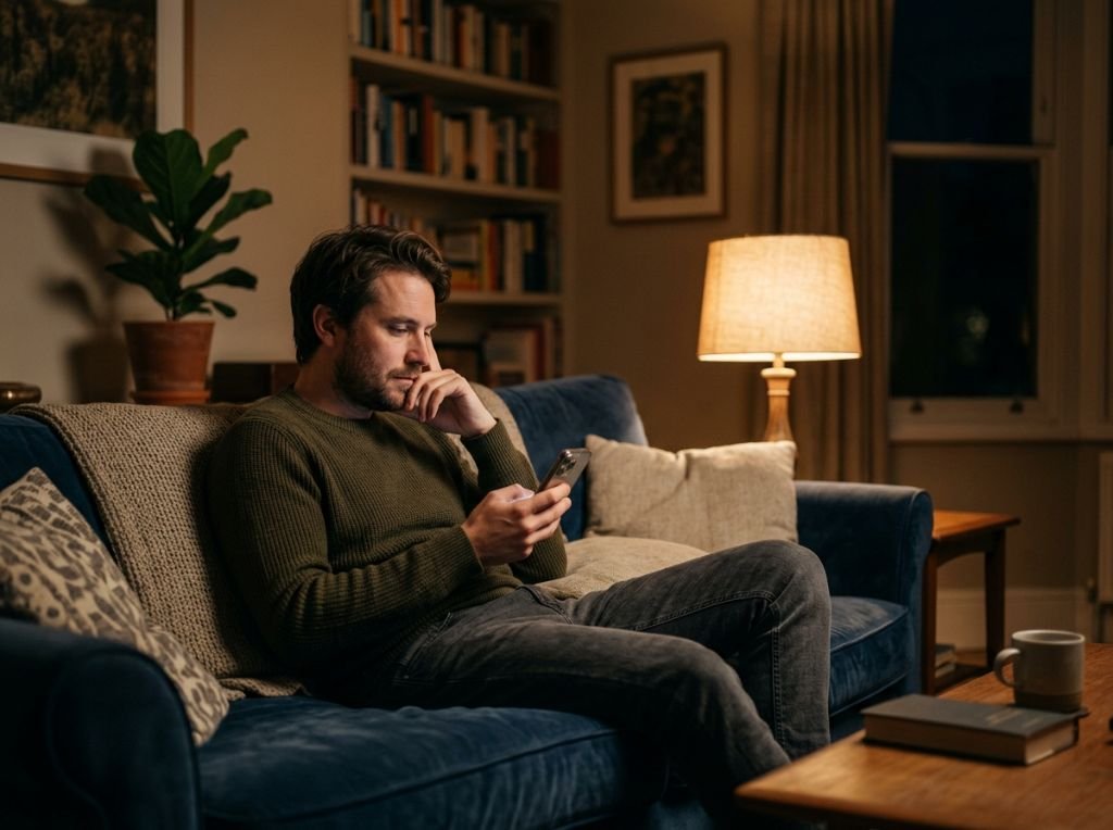 A man sitting on a couch looki - Why He Acts Hot and Cold After Meeting Your Friends: The Psychology of Social Pressure