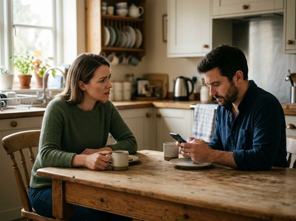 A man and woman sitting at a k - Why He Talks About the Future But Won't Commit: Decoding the Future Faking Trap