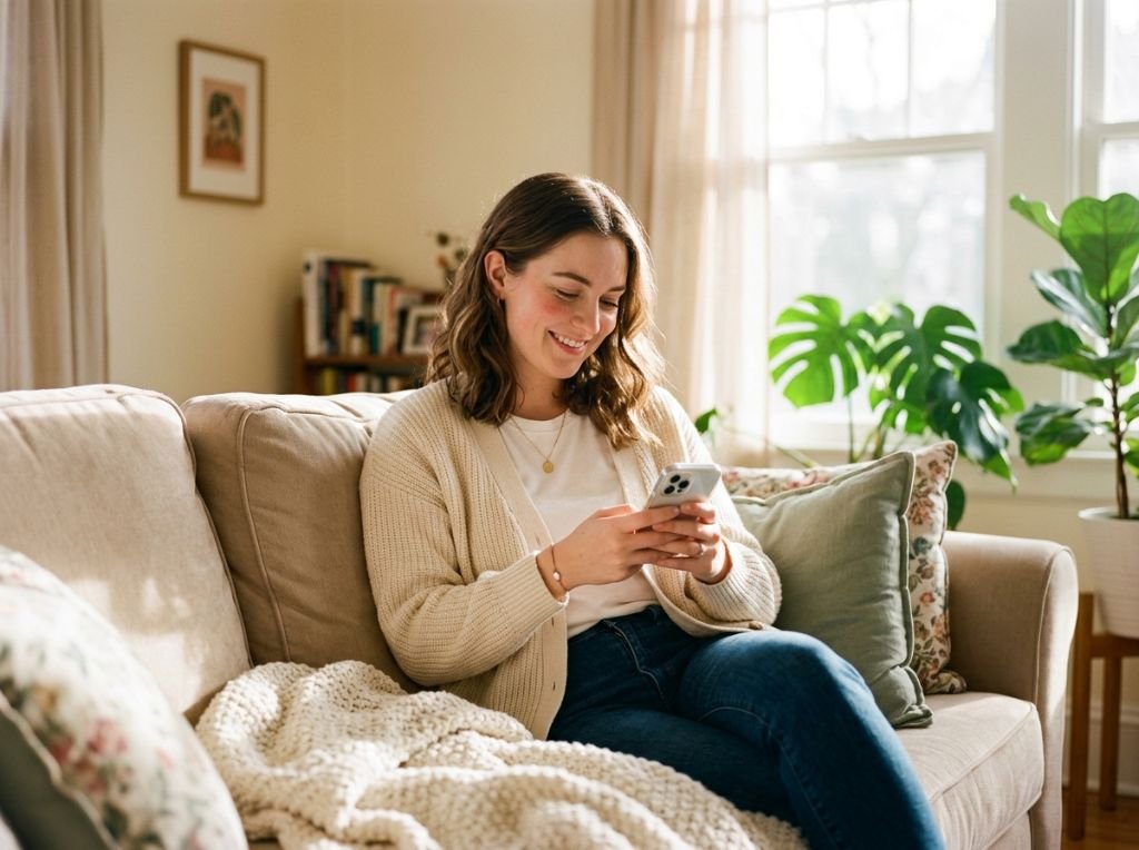 A young woman sitting comforta - What To Text Him To Make Him Smile: 50+ Irresistible Examples That Spark Connection
