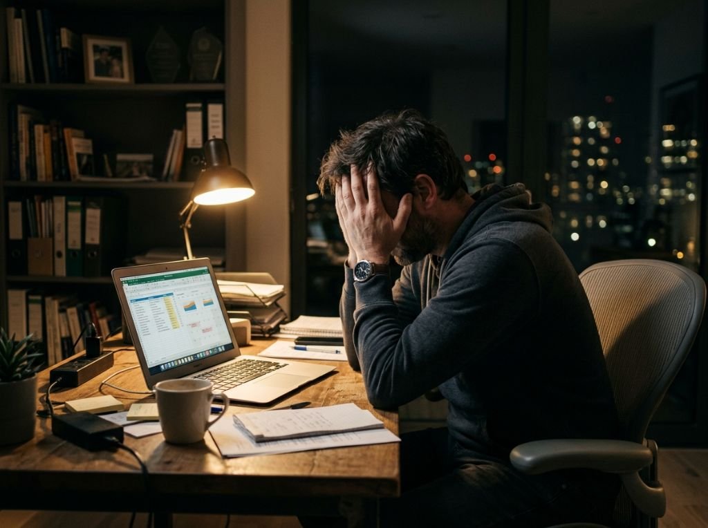 A man sitting at a desk with h | Why He Goes Quiet After Things Were Going So Well (And How to Handl A man sitting at a desk with h - Why He Goes Quiet After Things Were Going So Well (And How to Handle the Silence)